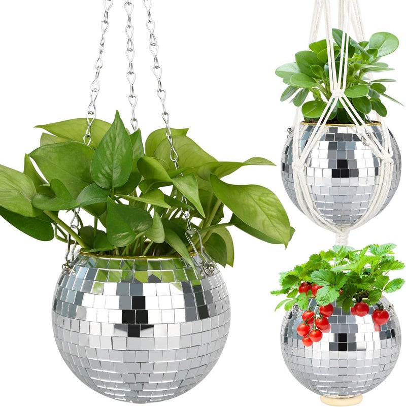 FGBNM 6" Disco Ball Planter, Disco Ball Plant Hanger with Hanging Rope, Hanging Chain, Hook, Circle and Extra Mirror Pieces - Image 1